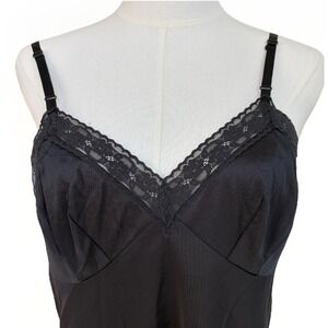 Vanity Fair Black Babydoll Slip Dress Size M 36 Nylon Lingerie Gown Satin Lace